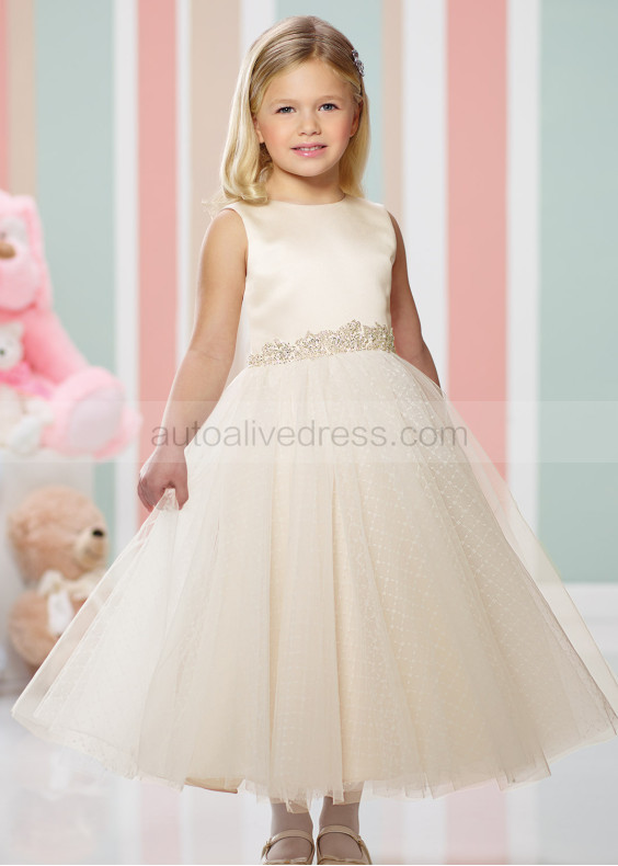 Beaded Satin Tulle Tea Length Wedding Flower Girl Dress 